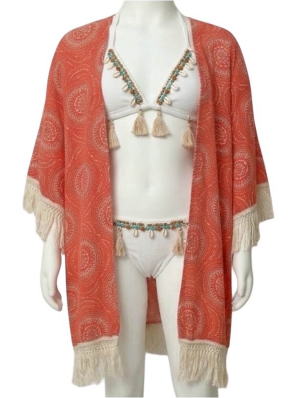 No Boundaries Coral Fringe Kimono Cover-Up